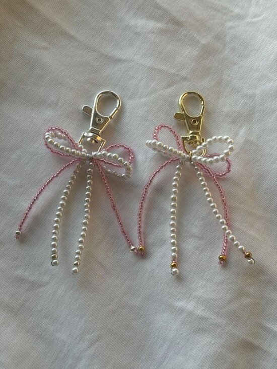 Accessories - Handmade Beaded Ribbon Bow Keychain - Coquette Aesthetic Pearl Charm